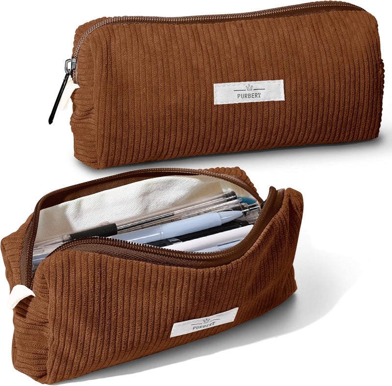 Purbert Pencil Bag Pen Case, Soft Corduroy Small Pencil Pouch Organizer with Zipper, Cute Pencil Case Pouch Stationery for Girls and Boys – Brown - Image 1